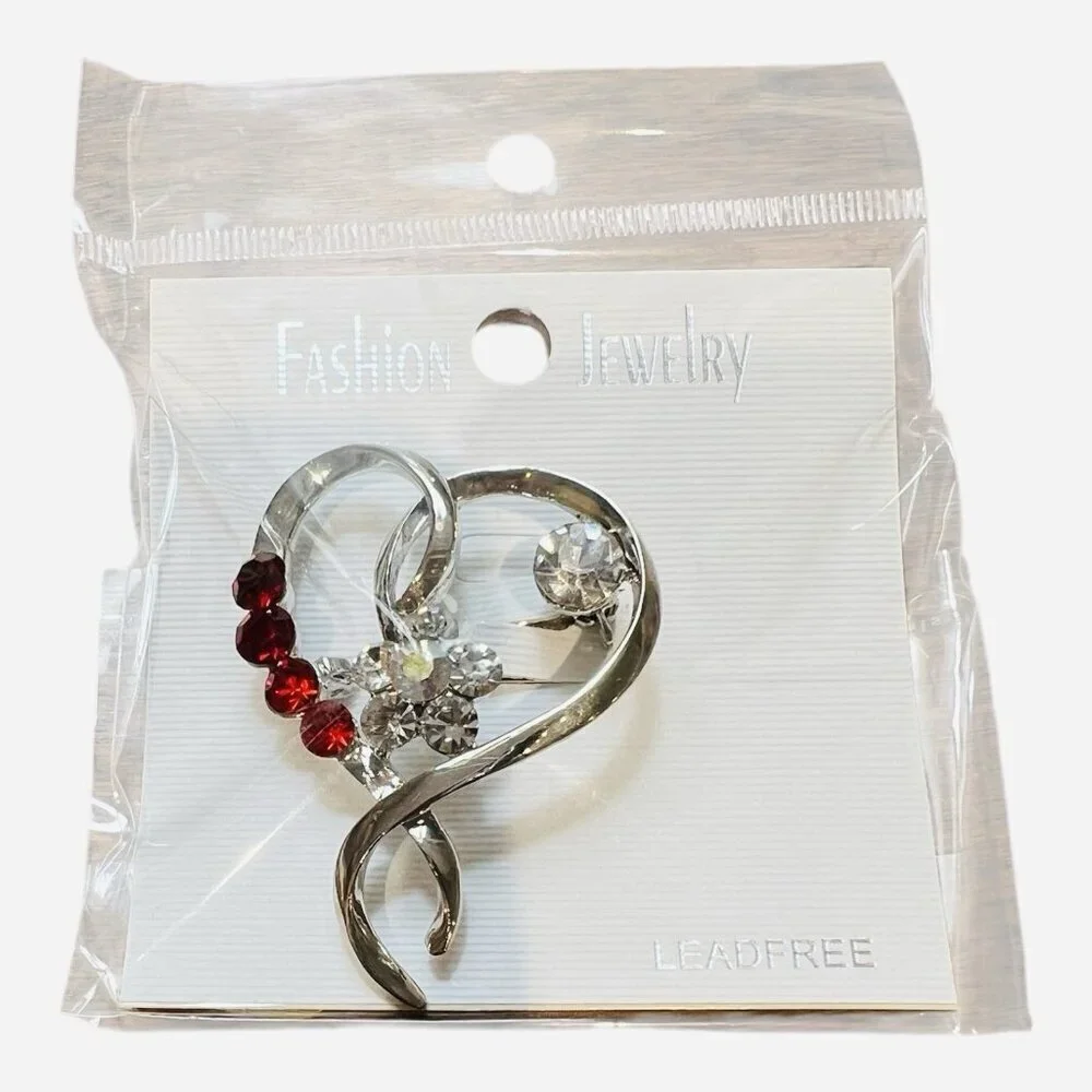 Fashion Jewelry Silver Heart Brooch Red & Clear Stones Lead Free Valentines